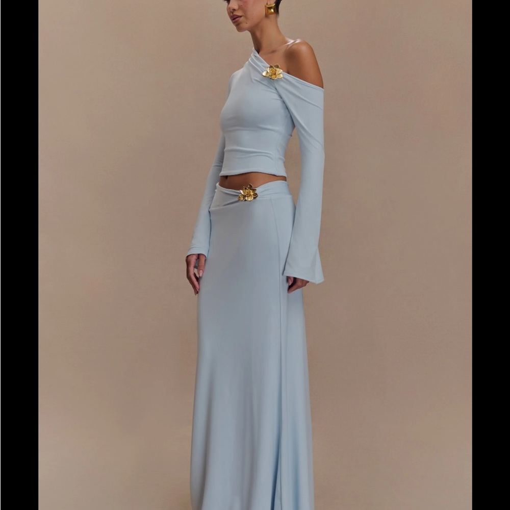 Ainsley Pale Blue One-Shoulder Maxi Skirt with Gold Accents